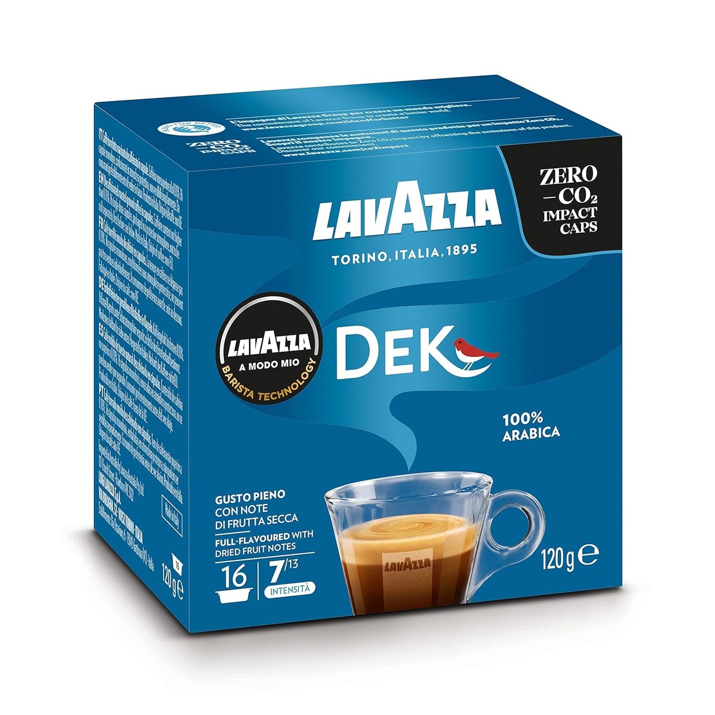 Lavazza A Modo Mio Dek Cremoso, 256 kávových kapslí, na espresso bez kofeinu s aromatickými tóny mandlí a canditis, 100% Arabica, intenzita 7/13, středně pražení, 16 balení