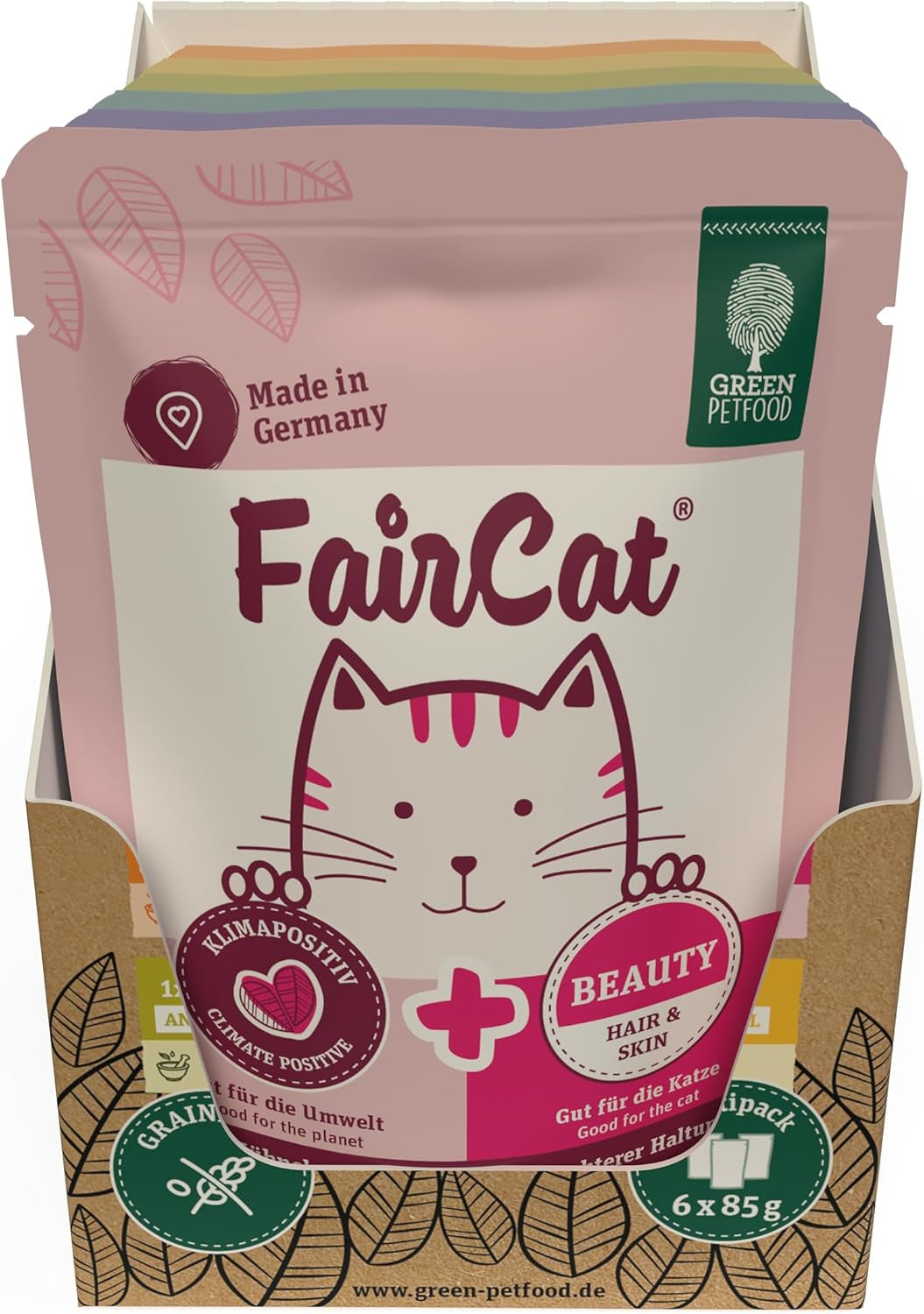 Green Petfood FairCat Multipack (6 x 85 g) | Dospělý | Prémiové vlhké krmivo pro odrostlé kočky 6 verschiedenen leckere Sorten im Multipack | getreidefrei | Katzenfutter nass | 6 balení
