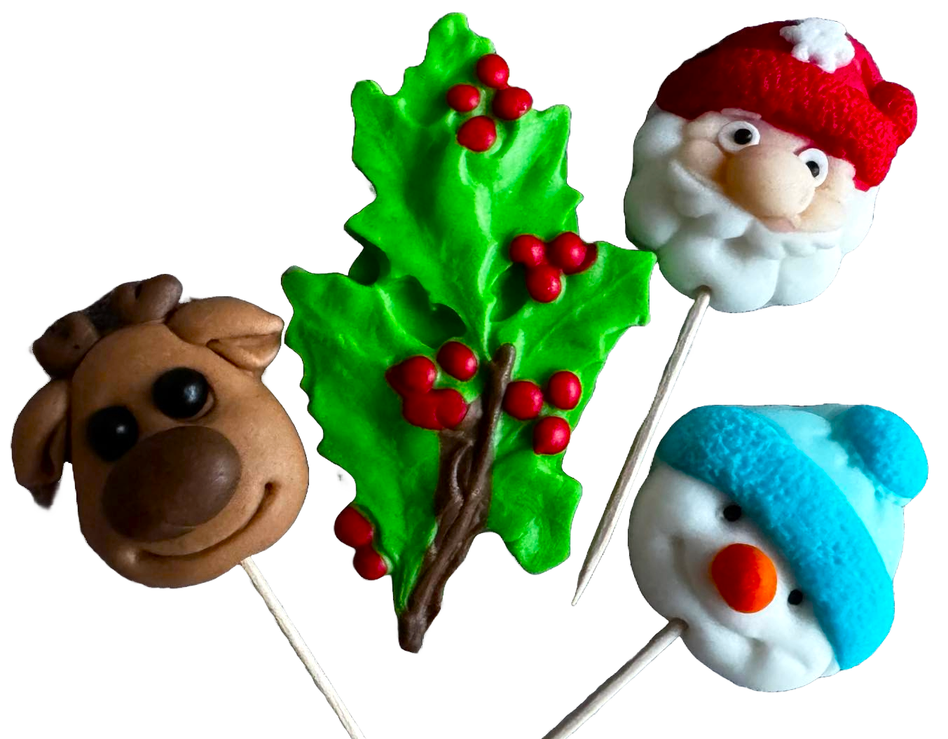 Sada 4 jedlých ozdob z cukrové pasty, vánočních topperů, soba, sněhuláka, stromečku a Santa Clause ozdoby z cukrové pasty Naty Shop