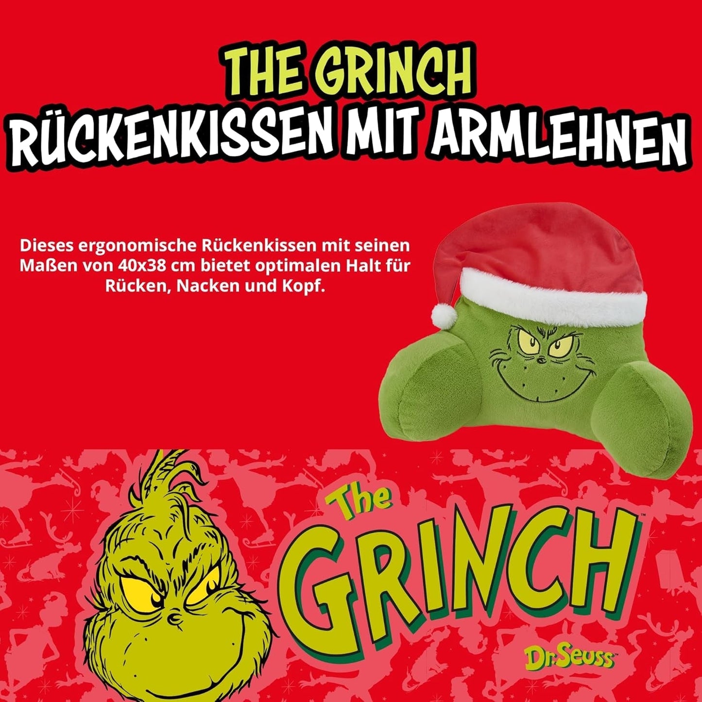 Grinch Polštář – Polštář na záda na postel a pohovku, Opěrka zad s područkami, Polštář na čtení na záda, krk a hlavu, Zelený, 40 x 38 cm