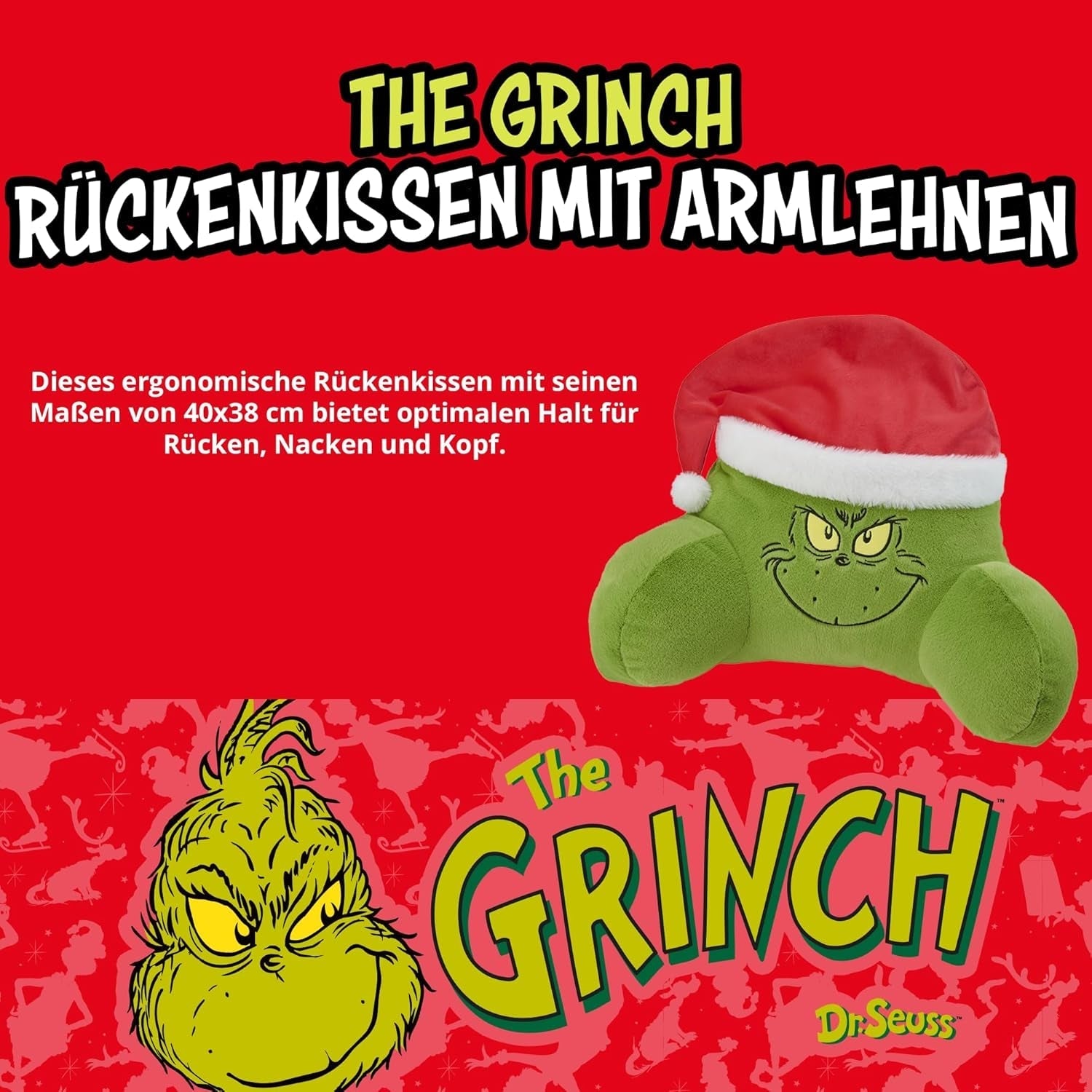 Grinch Polštář – Polštář na záda na postel a pohovku, Opěrka zad s područkami, Polštář na čtení na záda, krk a hlavu, Zelený, 40 x 38 cm