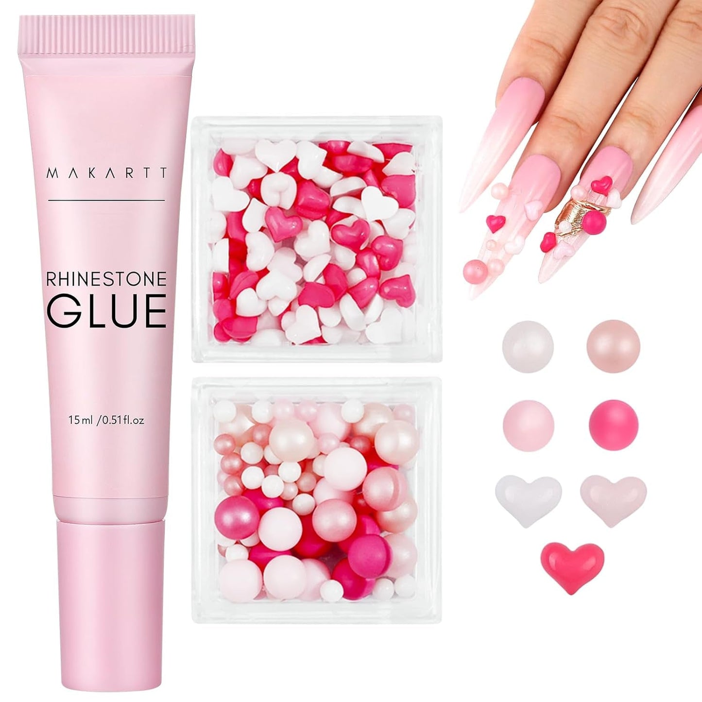 Makartt kamínkový adhezivní gel - 15ml sada UV lepidel na nehty s růžovými přívěsky na nehty Heart Circle šperky na nehty a příslušenství pro domácí manikúru dárek k Valentýnu