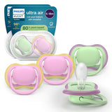 Dudlíky Philips AVENT ultra air - balení 4ks prodyšných dudlíků bez BPA pro miminka 6-18 měsíců, včetně pouzdra na přenášení a sterilizace, vzor želva/velryba (model SCF085/66)