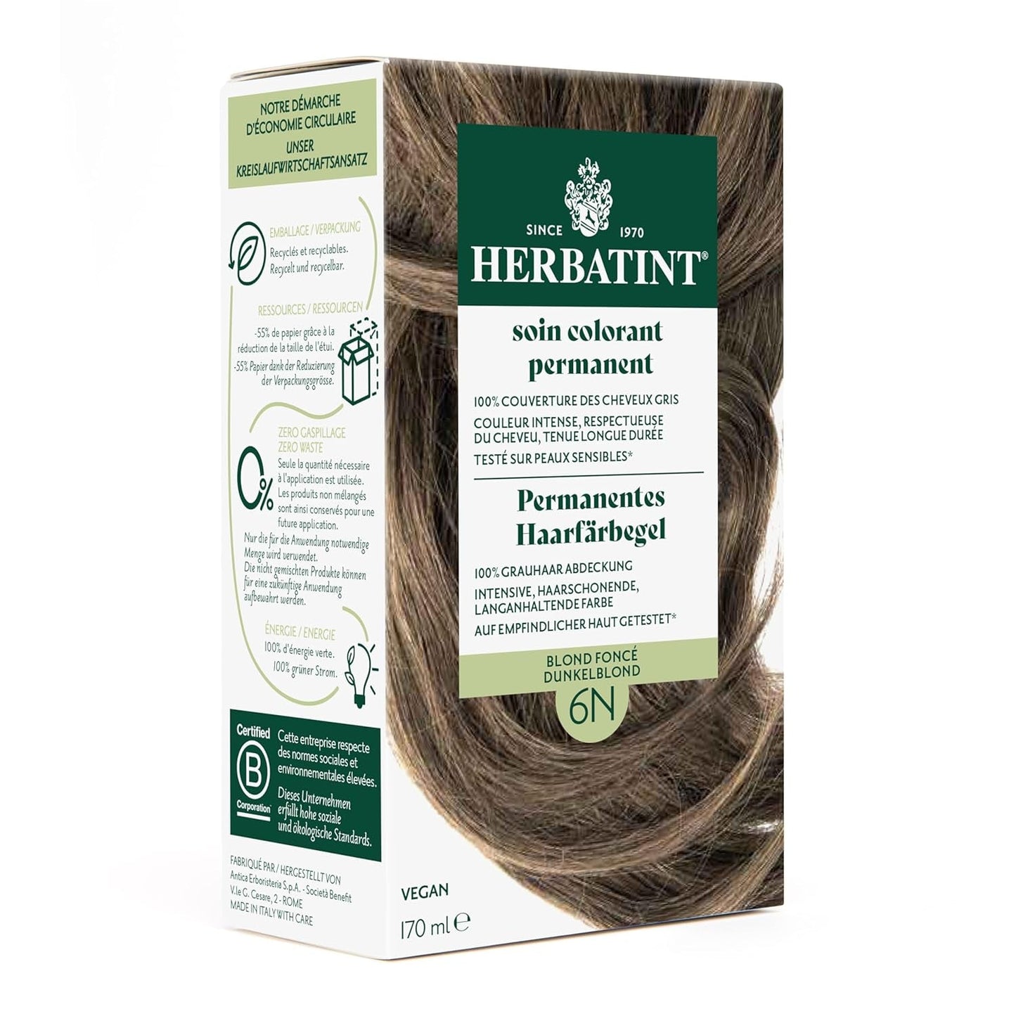 Permanentní gel na vlasy 6N tmavá blond - 170 ml I Bez amoniaku, 100% krytí šedivých vlasů I Testováno na citlivé pokožce, s 8 rostlinnými výtažky Barva na vlasy Naty Shop 6N Tmavá blond