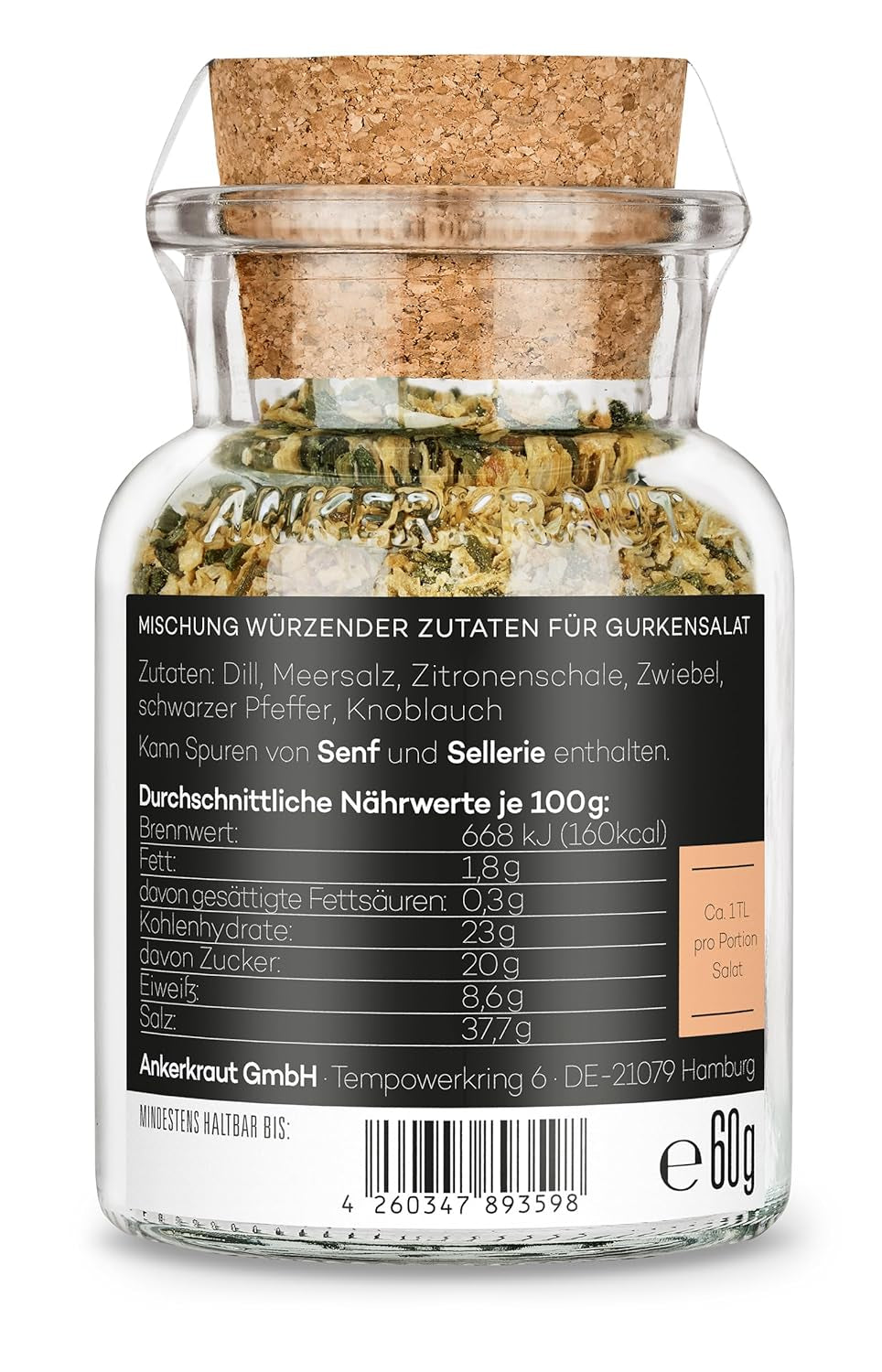 Ankerkraut Gurkensalat, 60 g v korkové sklenici, Würze Gherken-Salat Ganz Einfach, Zuckerfrei und Ohne Gesmackverstärker, Mischung würzender Ingredient für Salat