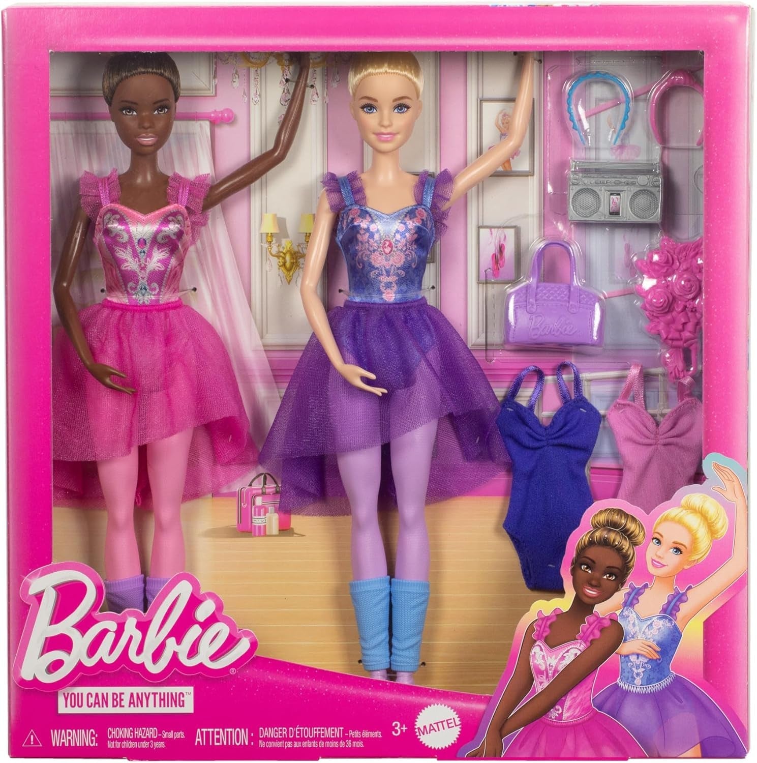 Barbie Ballettstudio Set se 2 loutkama a 9 koulemi, blondýnka a brunetka Balerína-Modepuppen s aussietzem Outfit and zum Tanzmotto passten Teilen, HXC37, [Multicolor]