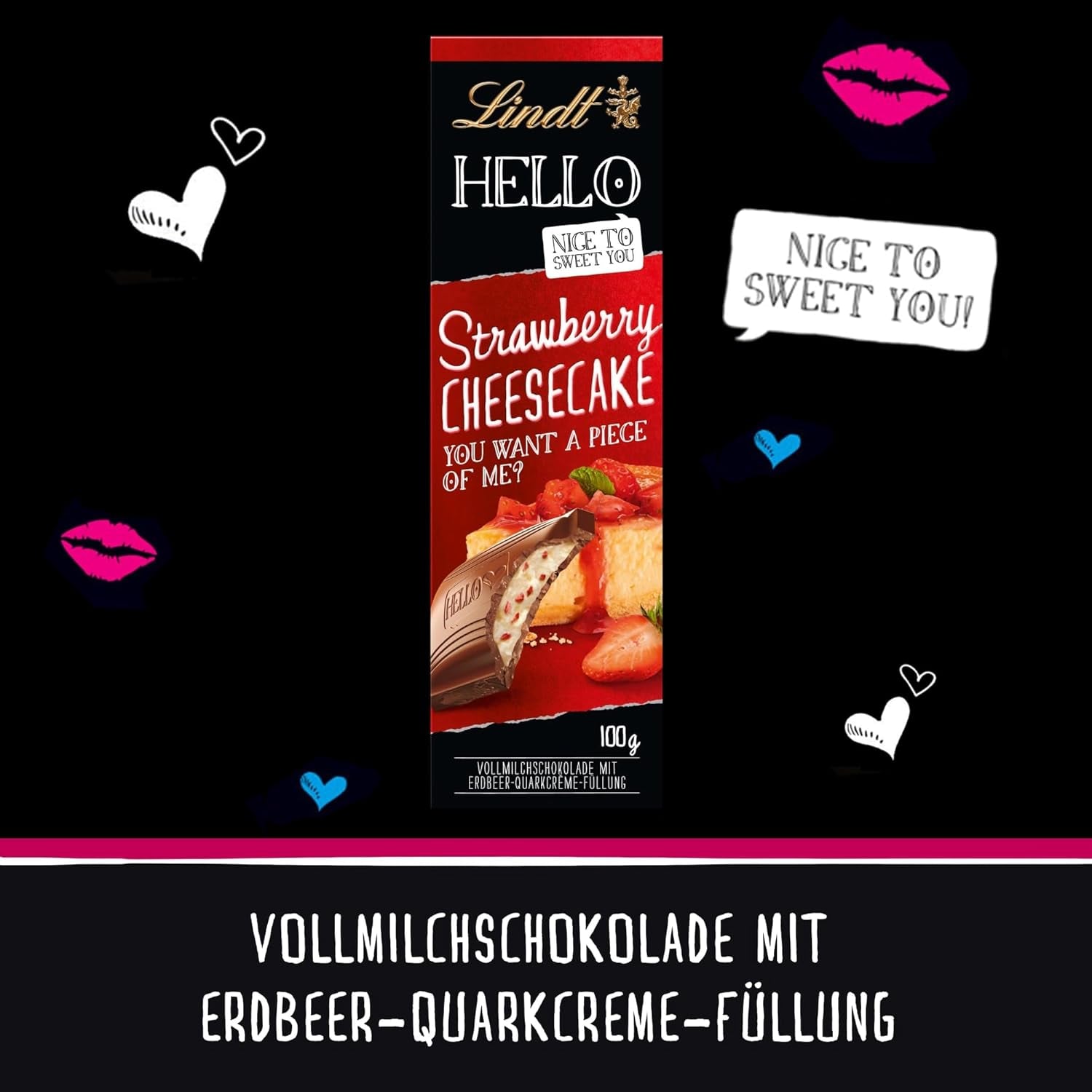 Lindt HELLO Jahodový čokoládový tvarohový koláč | Tyčinka 100g | Mléčná čokoláda s náplní z jahodového tvarohu | Čokoládová tyčinka | Čokoládový dárek (balení 5 ks)