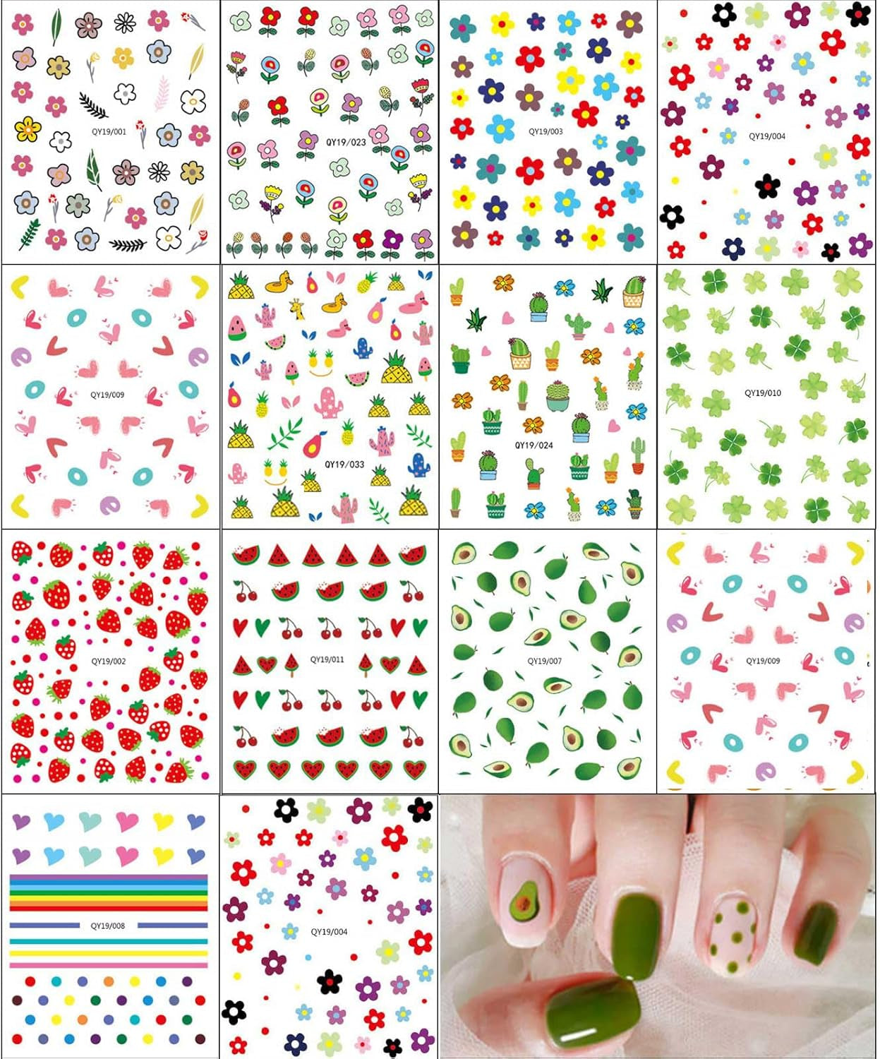 JMEOWIO Süße Nagelsticker Für Kinder 14 Blatt Nail Art Sticker Selbtklebend Nagelaufkleber Regenbogen Blumen Frucht Dekoration Nageldesign Zubehör