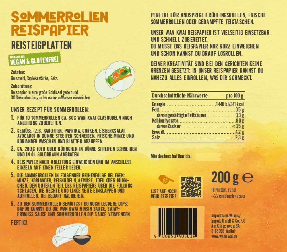 Wan Kwai Summer Roll Rice Paper 200 g – vyžaduje lehké namočení, ideální pro křupavé jarní závitky, čerstvé letní závitky nebo dušené knedlíky