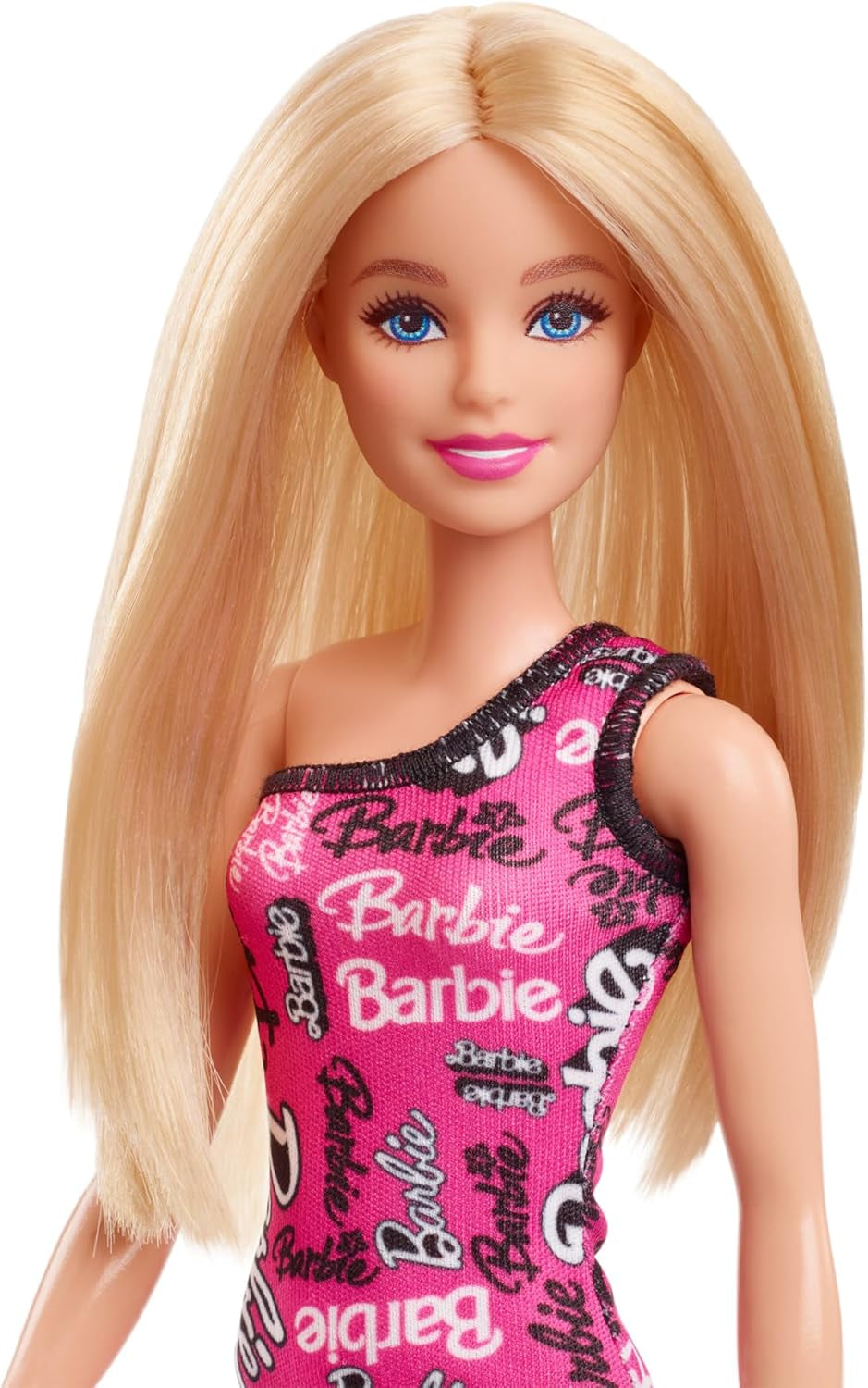 Módní panenka Barbie s rovnými blond vlasy v růžových odepínacích šatech na jedno rameno a botách s tištěným logem, HRH07