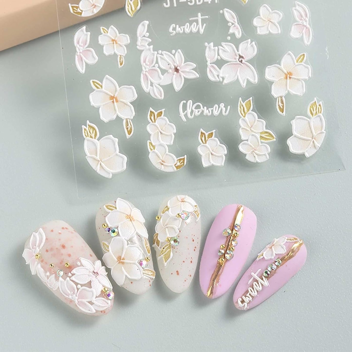 JMEOWIO 3D Nálepka na nehty Frühling Blume Nálepka na nehty Selbstklebend Nagelaufkleber 5D Stereoskopisch Buntes Letní Blumen Dekorace Nageldesign Zubehör 4 Blatt