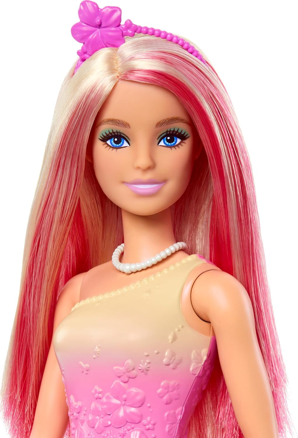 Královská panenka Barbie s blond a růžovými efektními vlasy, barevné doplňky, růžový gradientní top a motýlí sukně, HRR08 Naty Shop Dolls