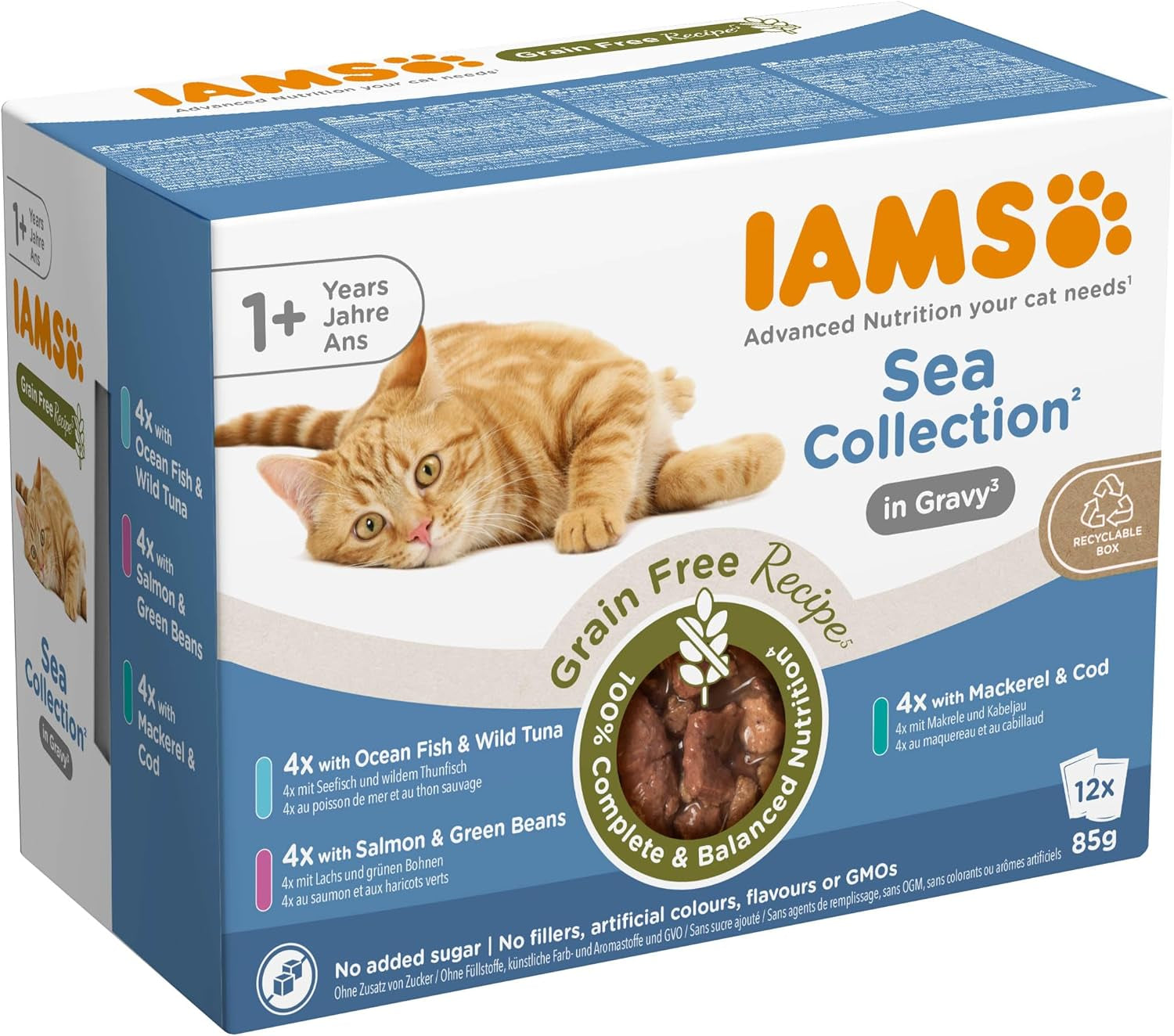 Mokré krmivo pro kočky IAMS Delights Sea Collection bez obilovin – více balení s různými rybami v omáčce, mokré krmivo bez obilovin pro kočky od 1 roku, 12 x 85 g