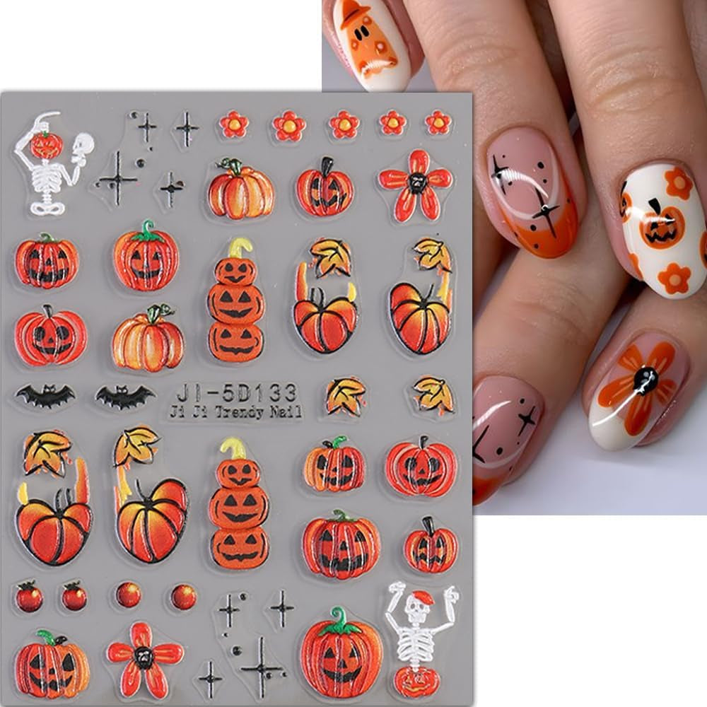 JMEOWIO 3D Nálepka na nehty Halloween Nail Art Nálepka Selbstklebend Nagelaufkleber 5D Stereoskopisch Süßer Geisterkürbis Dekoration Nageldesign Zubehör 4 Blatt