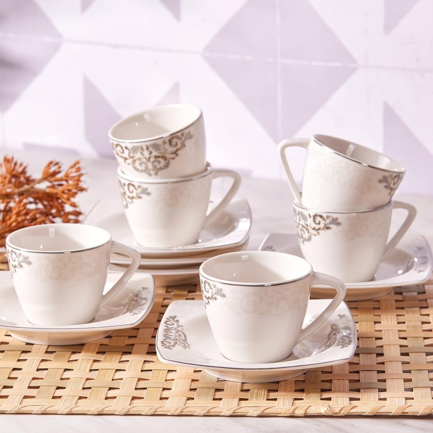 Sada porcelánových šálků na espresso KARACA Nazende - 80 ml turecké šálky na kávu s podšálky, 12dílný moderní kávový servis se 6 šálky a 6 podšálky, mocha šálky - bílá