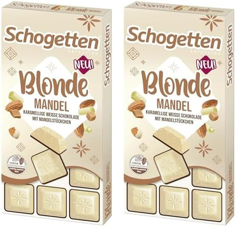 Schogetten Blonde Mandle | Bílá čokoláda s karamelem a kousky mandlí | 100 g | Pohodlně porcované (balení po 2 kusech)