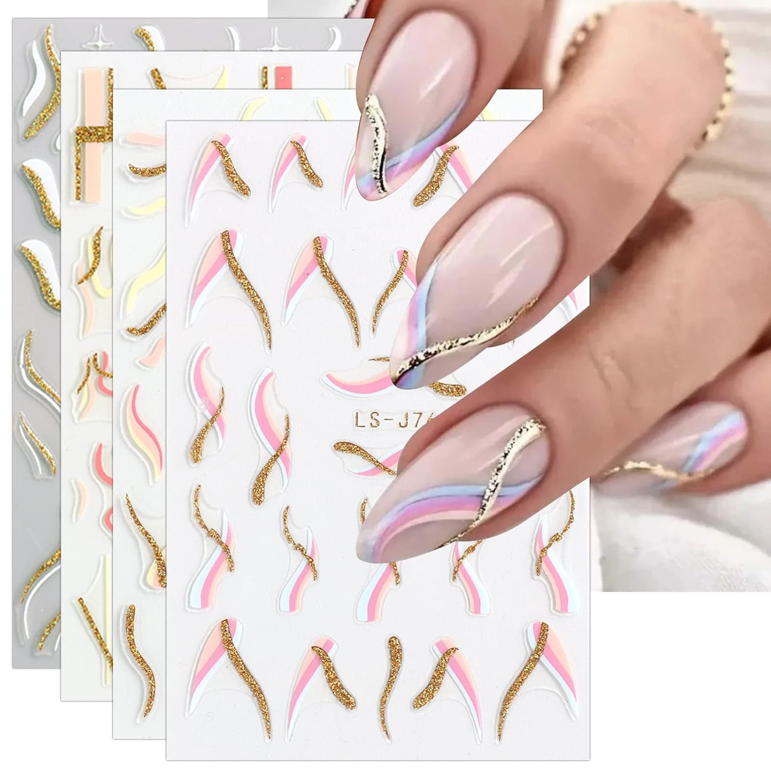 JMEOWIO Nálepka na nehty Französische Tipp 9 Blatt Nálepka na nehty Selbtklebend Nagelaufkleber Glitzer Wellenlinie Dekoration Nageldesign Zubehör