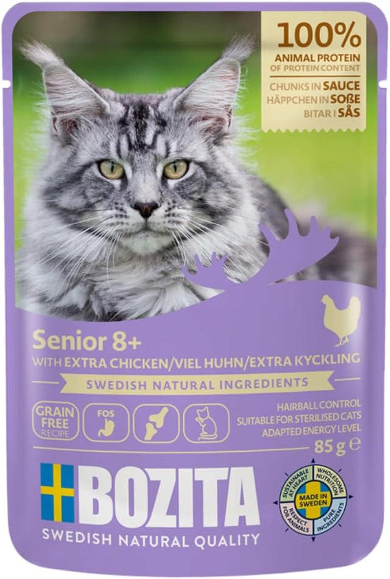 Bozita Senior 8+ Mound mokré krmivo pro kočky se zrny a velkým množstvím kuřecího masa - 12 sáčků x 85 g, vlhké krmivo pro kočky bez obilovin a pšenice - Mokré krmivo pro kočky s 8,5 % bílkovin a 4,5 % tuku