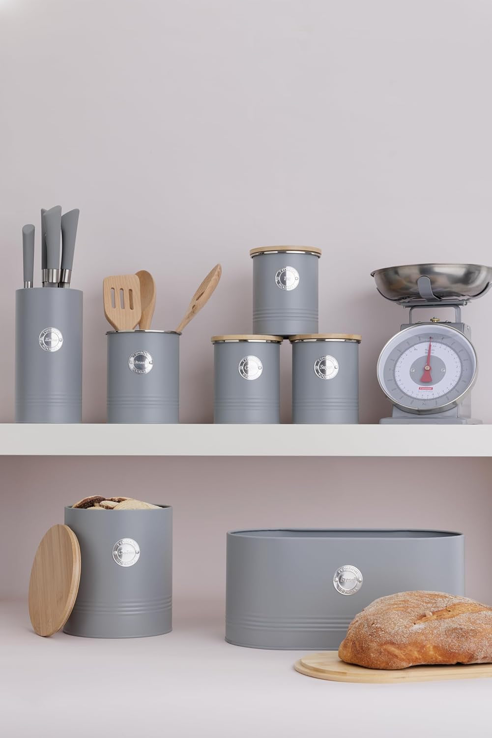 LIVING kolekce, dóza na sušenky s víčkem | pastelově šedá | 3,4L úložný box na sušenky | ocelová dóza na sušenky s víčkem | Bambusové vzduchotěsné dózy s víčky Naty Shop boxy na skladování potravin