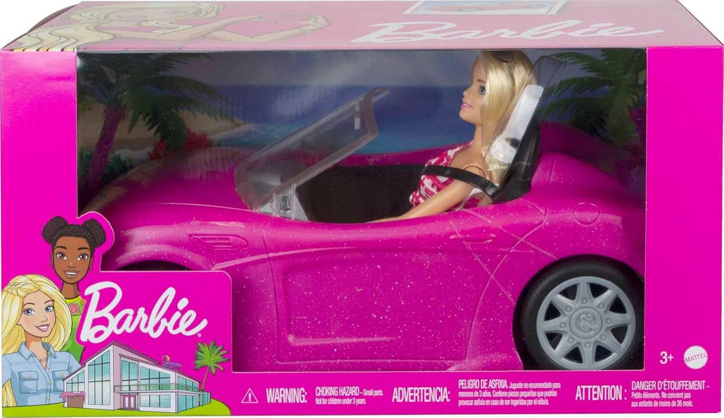 Panenka Barbie a růžový třpytivý kabriolet, realistické pneumatiky, logo, hračka pro děti od 3 let, DJR55