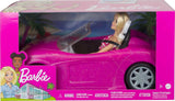 Panenka Barbie a růžový třpytivý kabriolet, realistické pneumatiky, logo, hračka pro děti od 3 let, DJR55