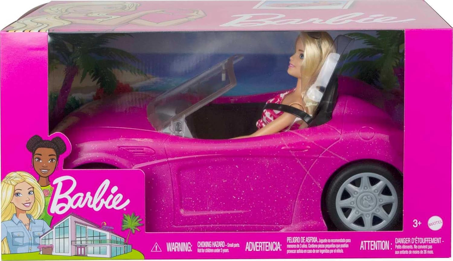 Panenka Barbie a růžový třpytivý kabriolet, realistické pneumatiky, logo, hračka pro děti od 3 let, DJR55