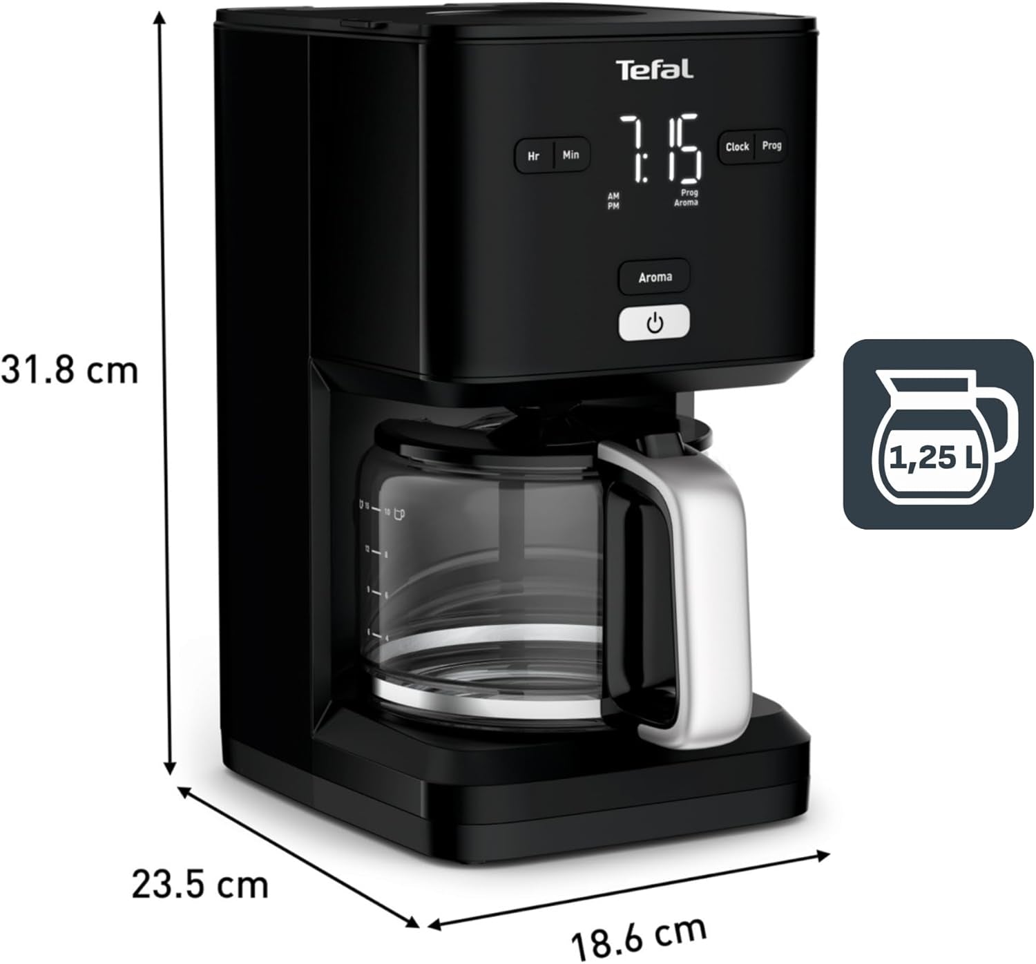 Espresso Tefal Smart'n Light s časovačem, Espresso s programovatelným filtrem 1,25 l, funkce aroma pro intenzivní aroma, funkce udržování teploty, proti odkapávání a snadné čištění, černá
