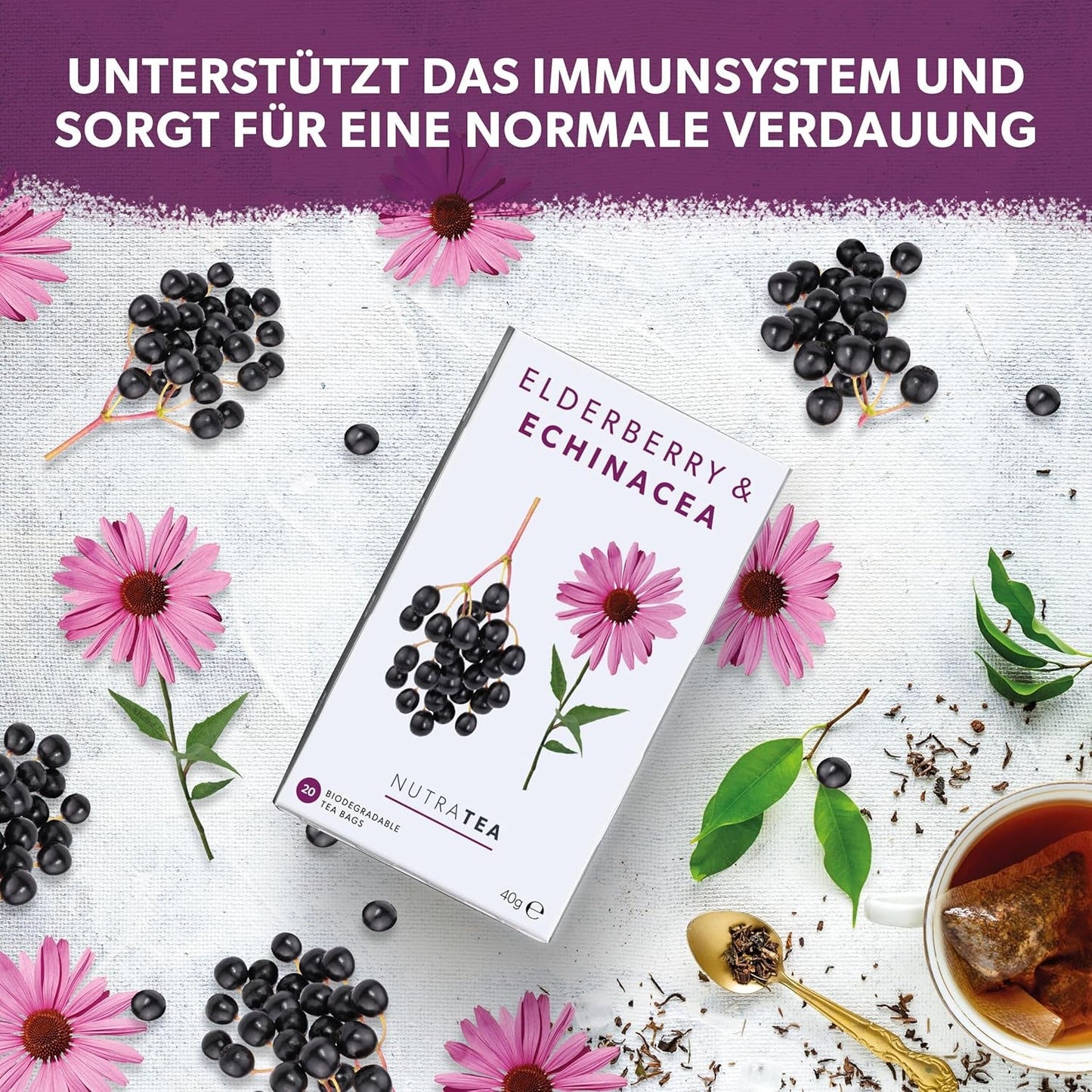 Nutra Tea Bezinka a Echinacea, Čaj Imunita a nachlazení, Čaj na podporu imunity, Boj proti nachlazení, 20 opakovaně použitelných čajových sáčků, Přírodní bylinný čaj