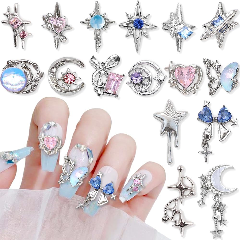 16 Stile Luxus Mond Stern Nagel Charms 3D Nail Charms Y2K Legierung Strasssteine ​​​​Bogen Schmetterling Nagel Schmuck Metall Nail Art Charms Nägel Glitzersteine ​​​​Nailart Rhinestones Nageldesign Zubehör