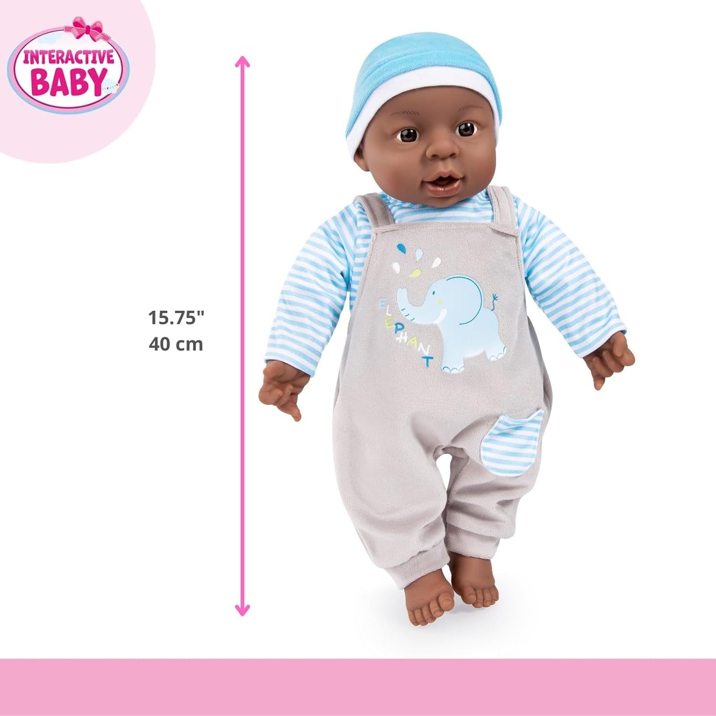 Bayer Design 94001AH Interaktivní panenka, chlapec, mluvící, měkké tělo, 40 cm, tmavá kůže, modrá