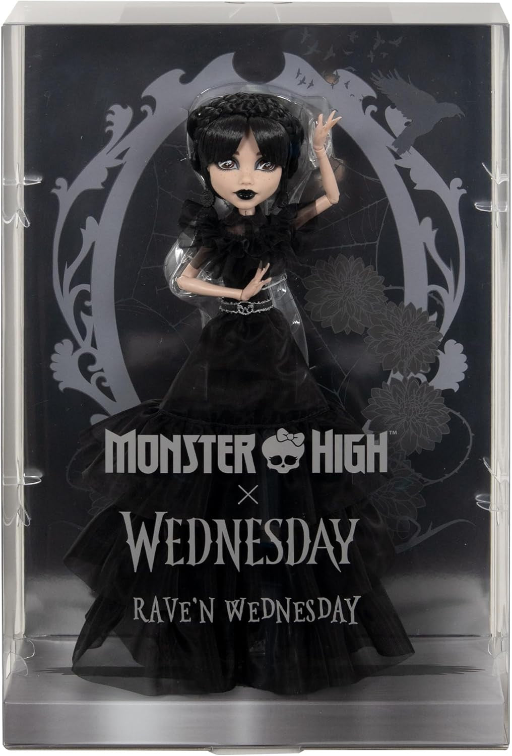 Panenka Monster High Wednesday, sběratelská figurka Rave'N Wednesday v černých šatech inspirovaných taneční scénou Goth, prémiové doplňky a stojan na panenky, panenky Naty Shop HXJ03