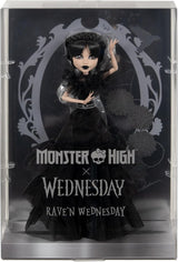 Panenka Monster High Wednesday, sběratelská figurka Rave'N Wednesday v černých gotických šatech inspirovaná taneční scénou, prémiovým příslušenstvím a stojanem na panenky, HXJ03