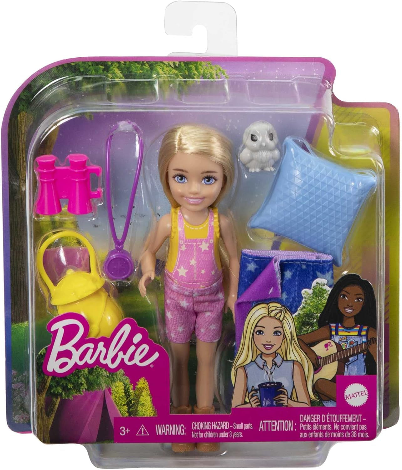Série Barbie Chelsea, Kempování panenky Chelsea s blond vlasy, Sova, Spací pytel, Polštář, Baterka, Dalekohled, Doplňky pro kempování, Dárek pro děti, Hračka od 3 let, HDF77