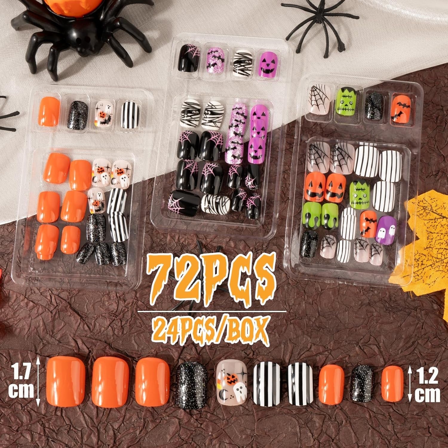 72 ks Halloweenské nehty Samolepící falešné nehty Krátké umělé nehty Samolepící lisované nehty Tipy na umělé nehty Dýňový duch Nail Art Oranžová Zelená Černá
