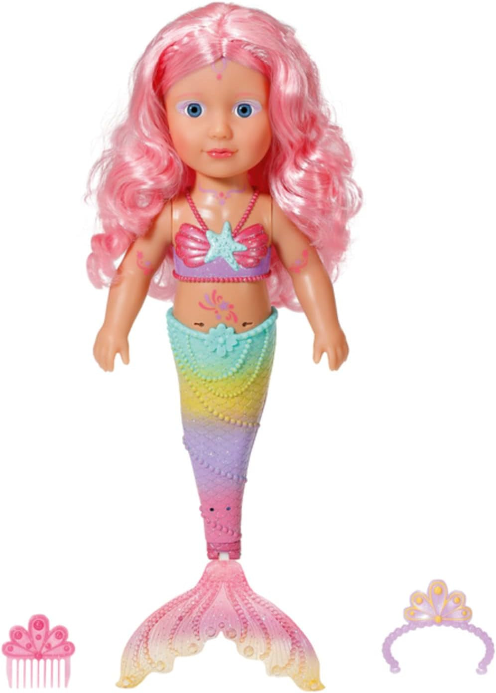 BABY Born Little Sister Mermaid 46 cm Vodotěsná panenka mořská panna s dlouhými vlasy a pohyblivou třpytivou ploutví, vč. diadém a hřeben, 833681 Zapf Creation Dolls Naty Shop