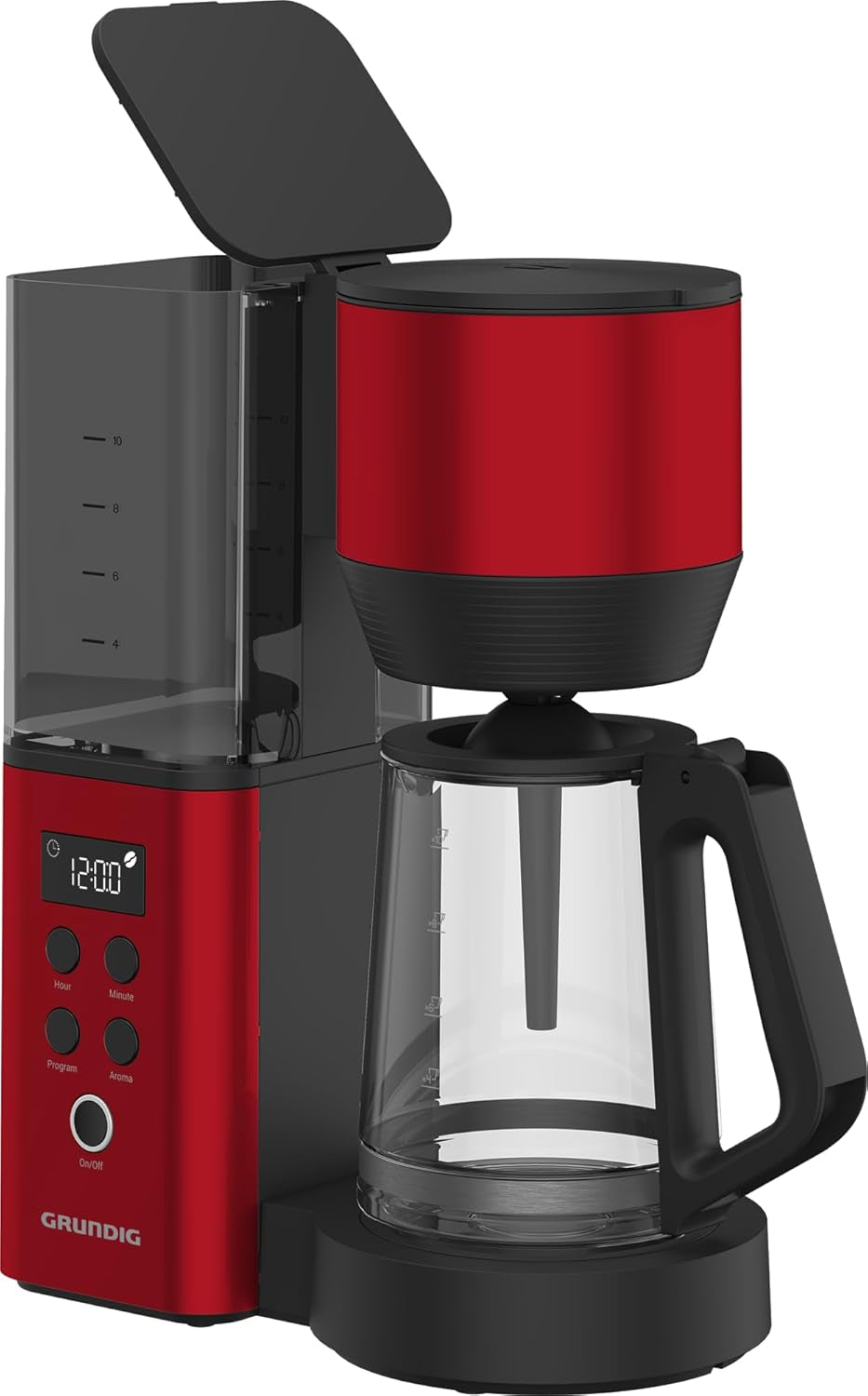 Digitální espresso kávovar s filtrem GRUNDIG KM8440, červený, 1000 W, 1,25 litru