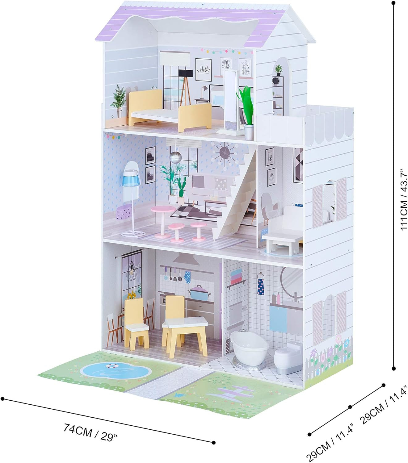 Obří domeček pro panenky Teamson Kids Olivia's Little World se 16 doplňky pro panenky, dřevěný domeček pro panenky s nábytkem, 3patrový, 30 cm domeček pro panenky pro děti, věk 3+