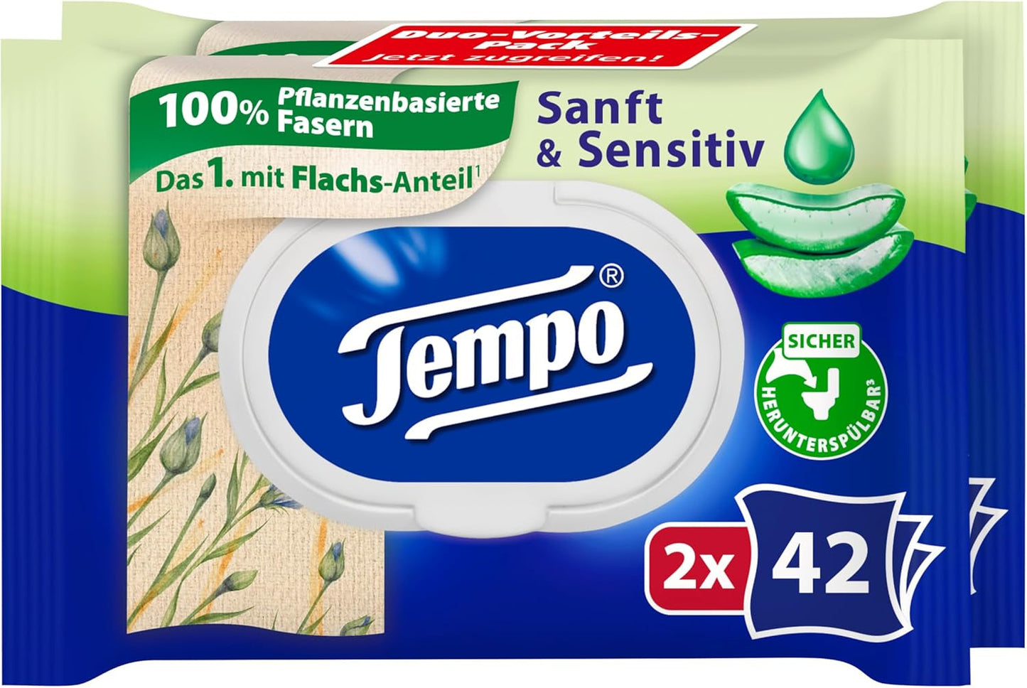 Tempo ''Gentle & Sensitive'' vlhčené toaletní ubrousky - Megapack - 16 balení po 42 ubrouscích - Duo Pack - Přírodní Aloe Vera - Hygienický papír, dermatologicky testováno, neutrální k pokožce