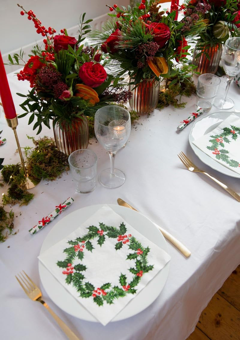 Talking Tables 20 XL vánoční papírové ubrousky s designem Holly | Luxusní jednorázové ubrousky | Opakovaně použitelné | Ideální pro vánoční večírky a večírky | Vysoká kvalita | 40 cm X 40 cm