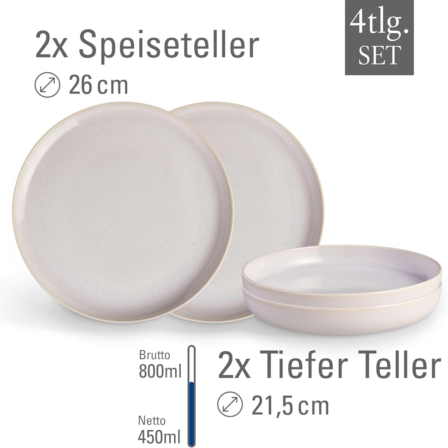 jako. od Villeroy & Boch – Večeře z řemeslné bavlny 4 teilig Weiß, Spülmaschinenfest, Mikrowellensicher, Geschirrset, Tafelservice Modern, Speiseteller, Tiefe Teller, Pottery-Look, Premium Porzellan