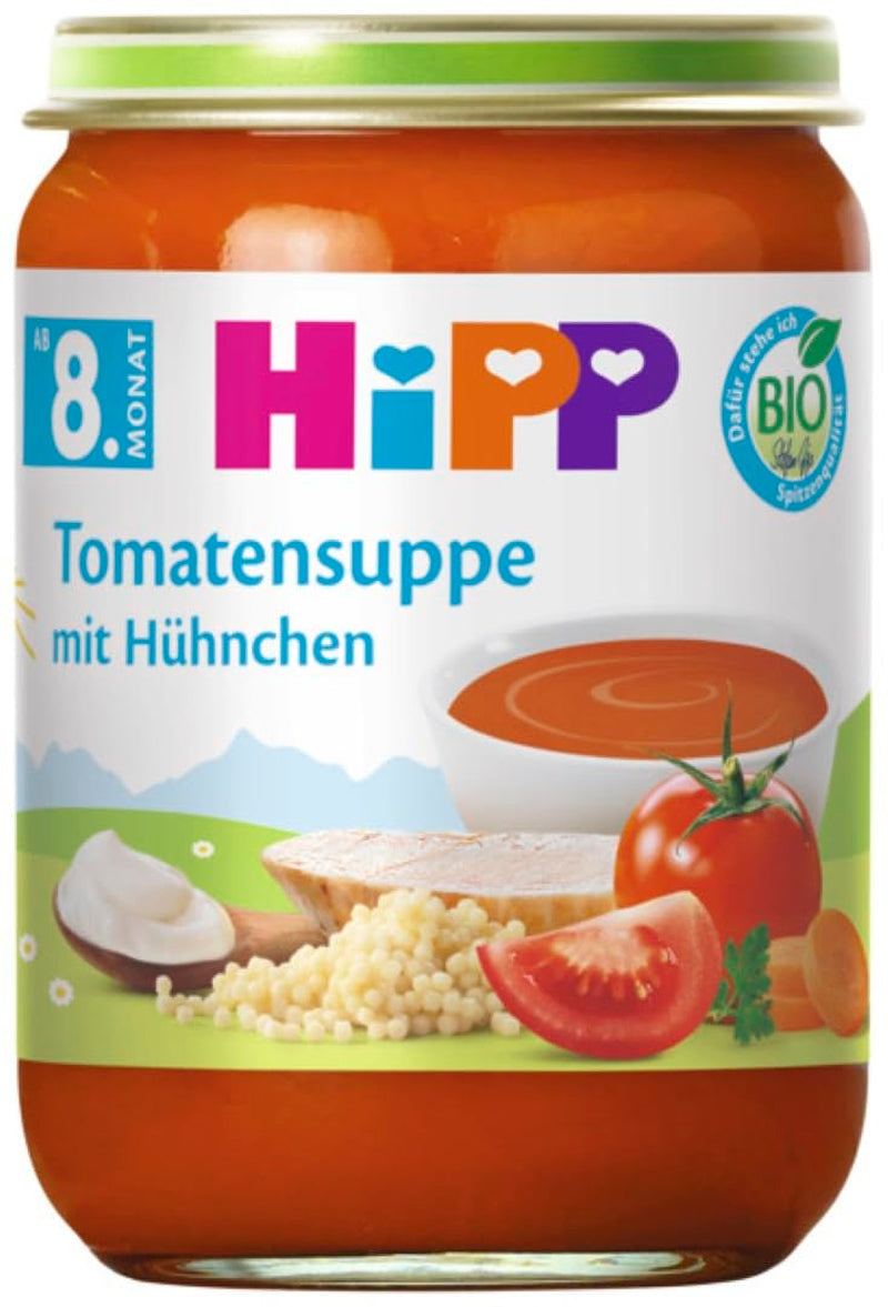 Bio HiPP kuřecí rajčatová polévka (6 x 190 g), od 8 měsíců, bez přidané soli, s malými kousky - pro naučení se žvýkat, s Omega 3, v nejlepší bio kvalitě