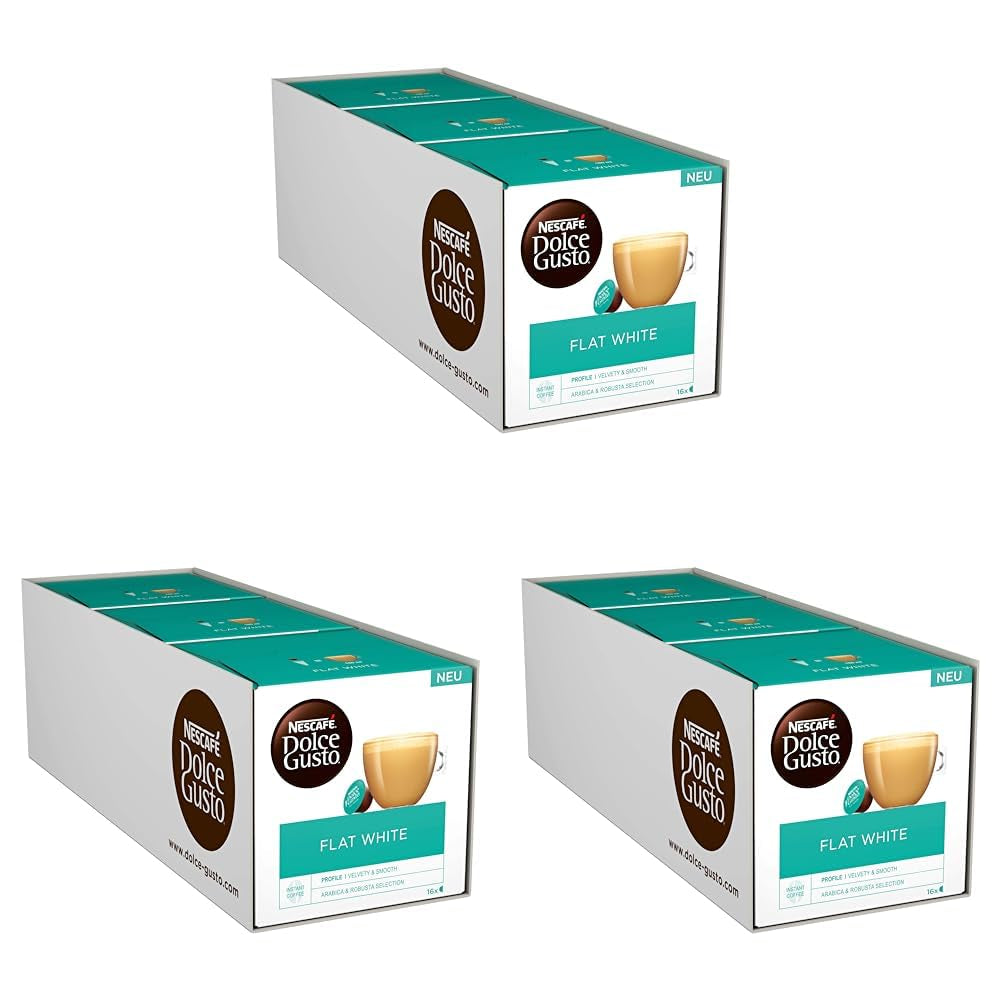 NESCAFÉ Dolce Gusto Flat White, 48 kávových kapslí, Arabica a Robusta Bohnen, Cremig-Milchiger Genuss, Kaffeekreation, Coffee-Shop Trend, Aromaversiegelte, 9er Pack (3x16 kapslí)