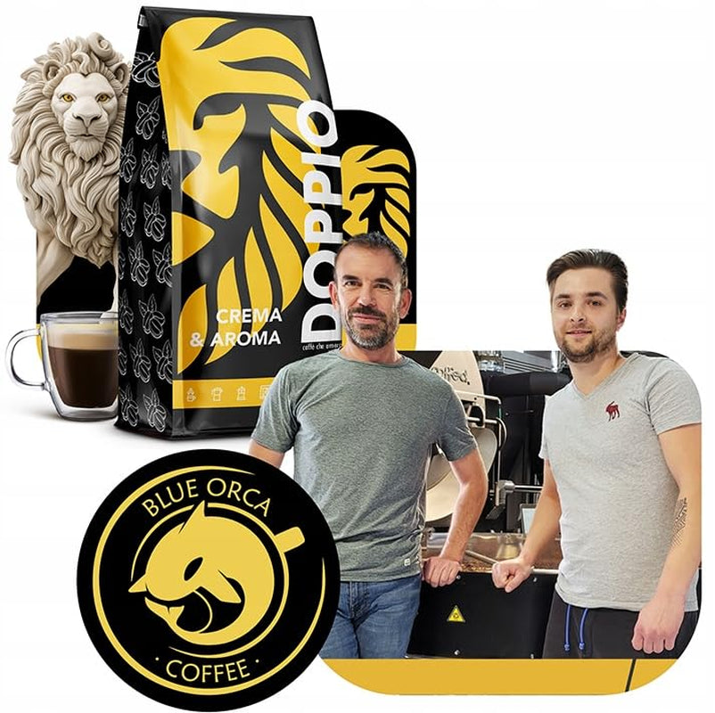 Doppio Cream & Flavor 1KG | Kávová zrna 80% Arabica a 20% Robusta | s tóny kakaa, ořechů a karamelu | Čerstvé a středně propečené, nízká kyselost | na espresso | Modrá káva Orca