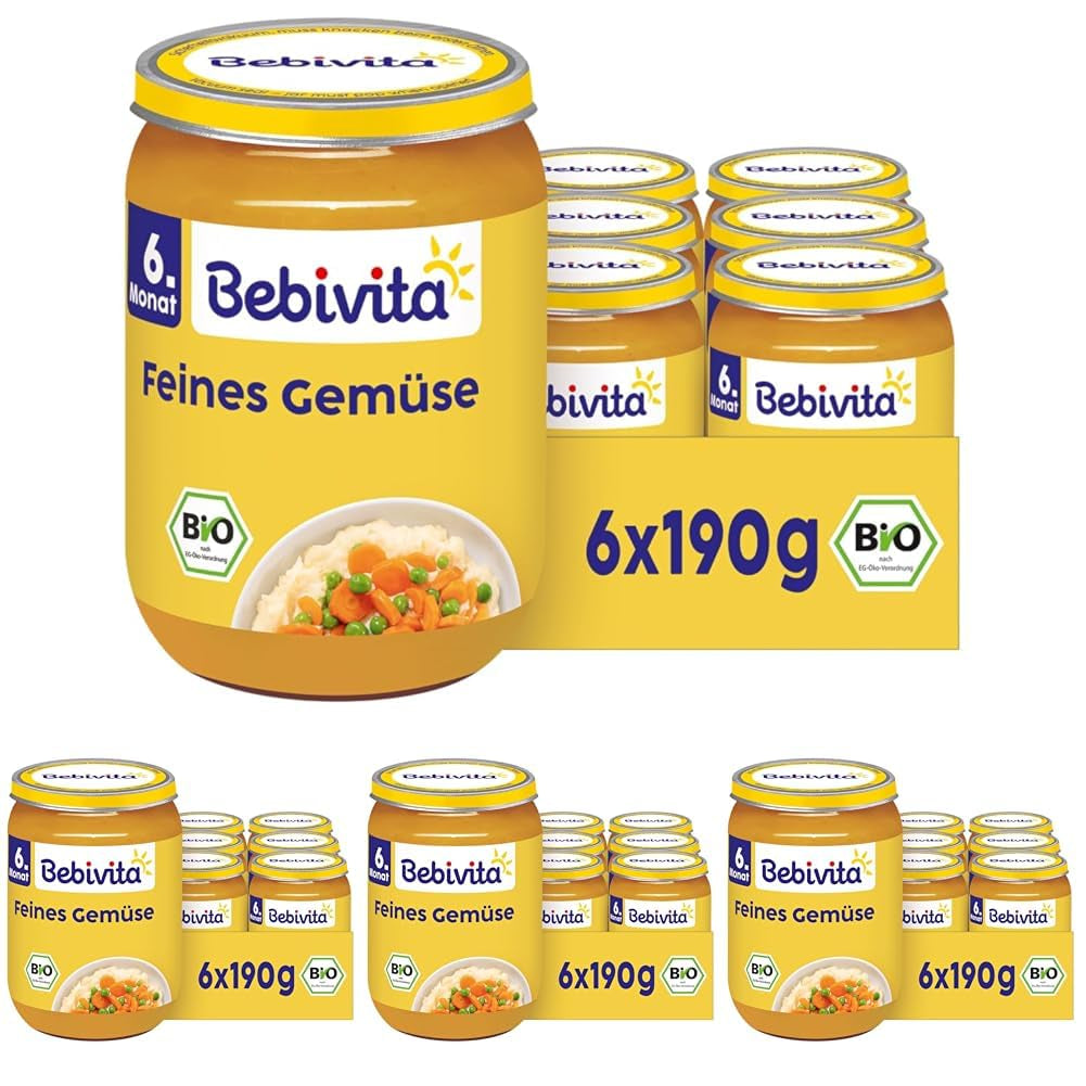 Jemná bio zelenina (6 x 190 g), od 6 měsíců, bez přidané soli, ideální dóza na zeleninu pro začátek přikrmování (balení 4 ks)