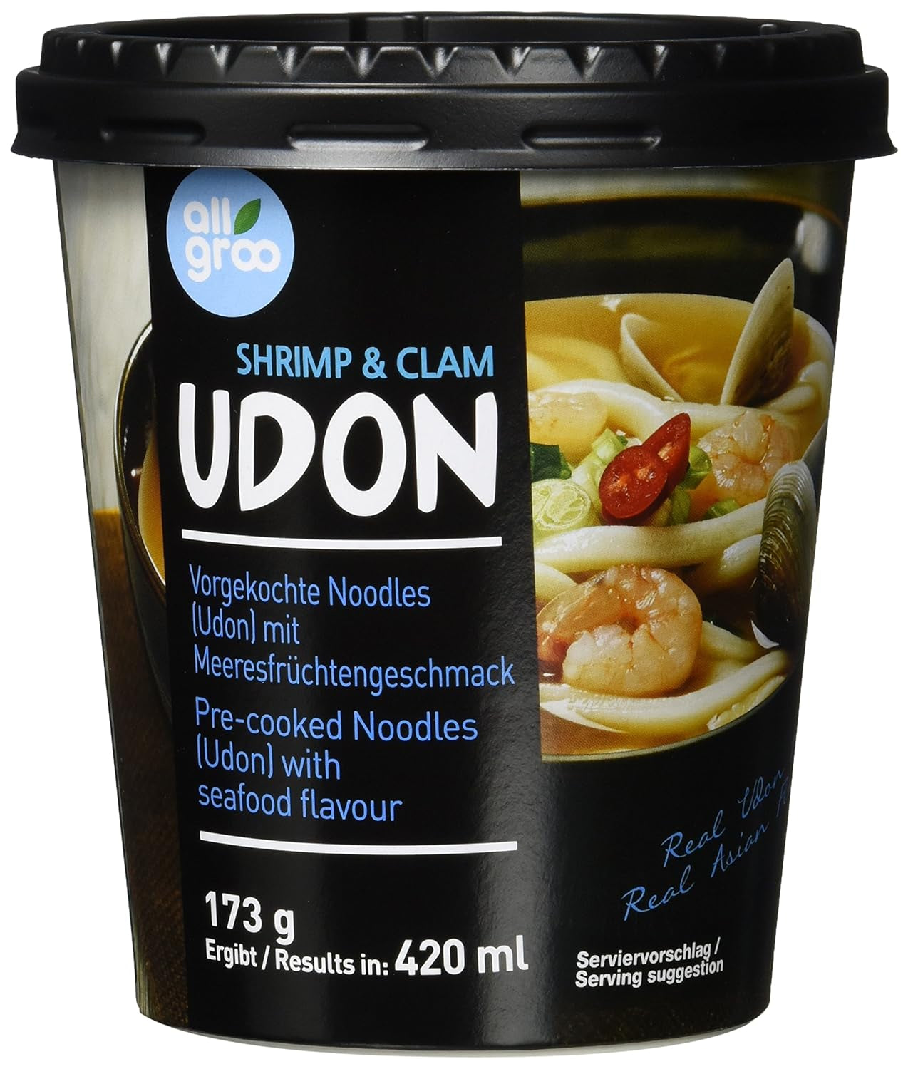 Allgroo Udon Cup instantní nudle – chutná a pikantní polévka Udon z mořských plodů – rychlá příprava (1 x 173 g)