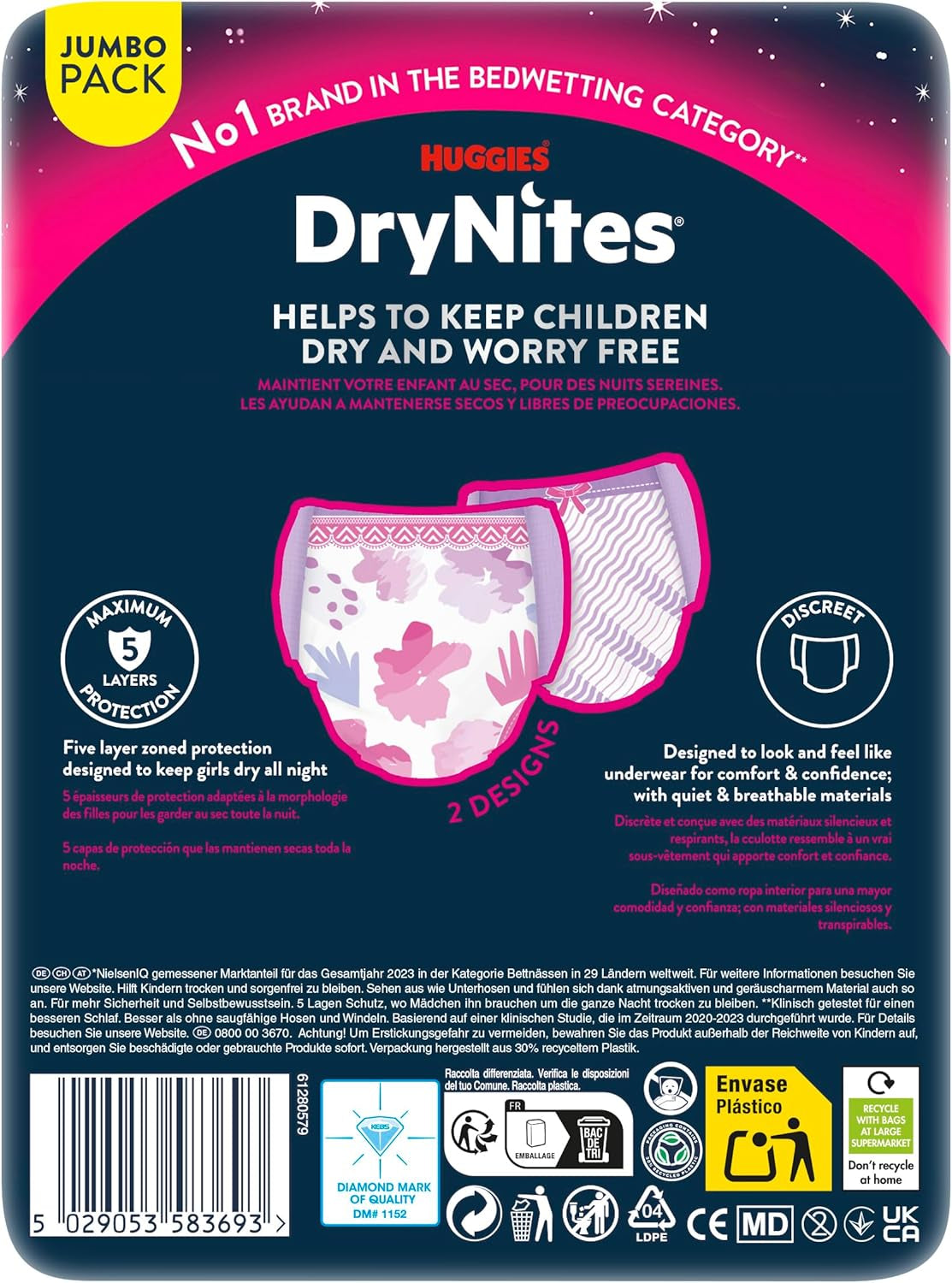 Noční noční pomočování Huggies DryNites pro dívky 13-přibližně 17 let (48-60kg) Počet 33 (3 x 11) Jumbo měsíční balení XL plenkové kalhotky
