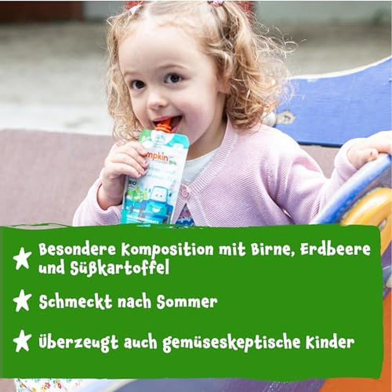 Pumpkin Organics sáčky biozeleniny a cereálií, balení 8 ks: Hruška, Jahody, Batáty, Červená řepa, Banán, Oves - Bez přidaného cukru¹ - Od 6 měsíců - jako svačina nebo doplňková strava v balení (8 x 100 g)