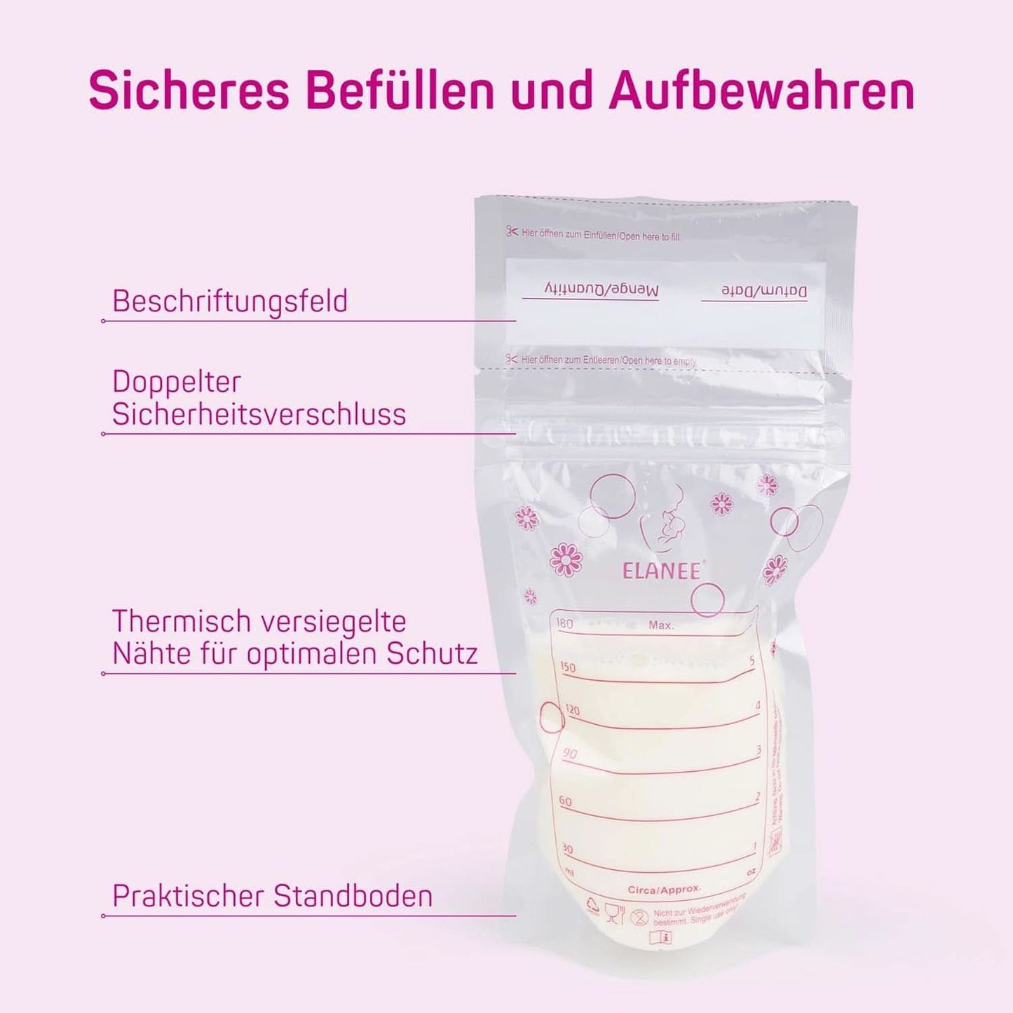 ELANEE Muttermilchbeutel, Aufbewahren & Einfrieren Von Muttermilch, Geschmackneutral Und Vorsterilisiert, Doppelter Sicherheitsverschluss, 20 Stück, Mit Standfuß (711-00) Dětská výživa a doplňky ke kojení Naty Shop