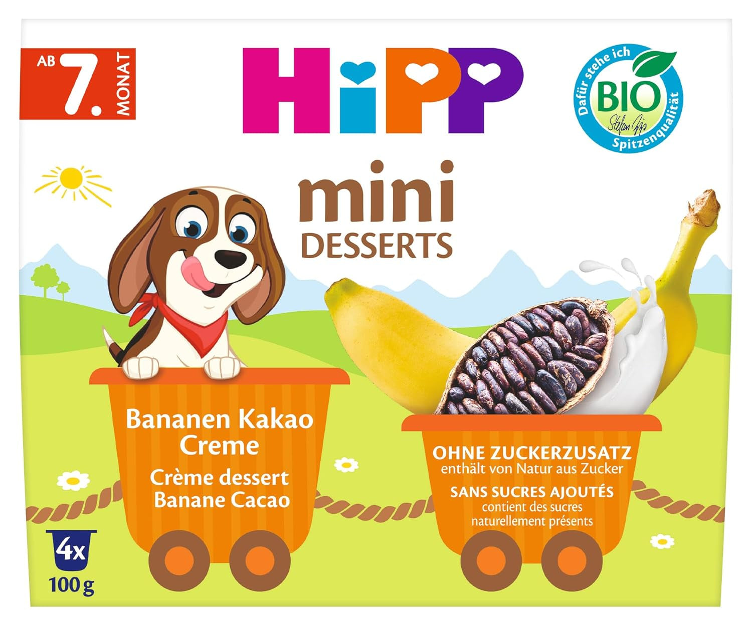 HiPP Mini Dessert Bio banán a kakaový krém (balení 6 x 4 x 100 g), od 7 měsíců, v praktických kelímcích, bez přidaného cukru, v nejlepší bio kvalitě