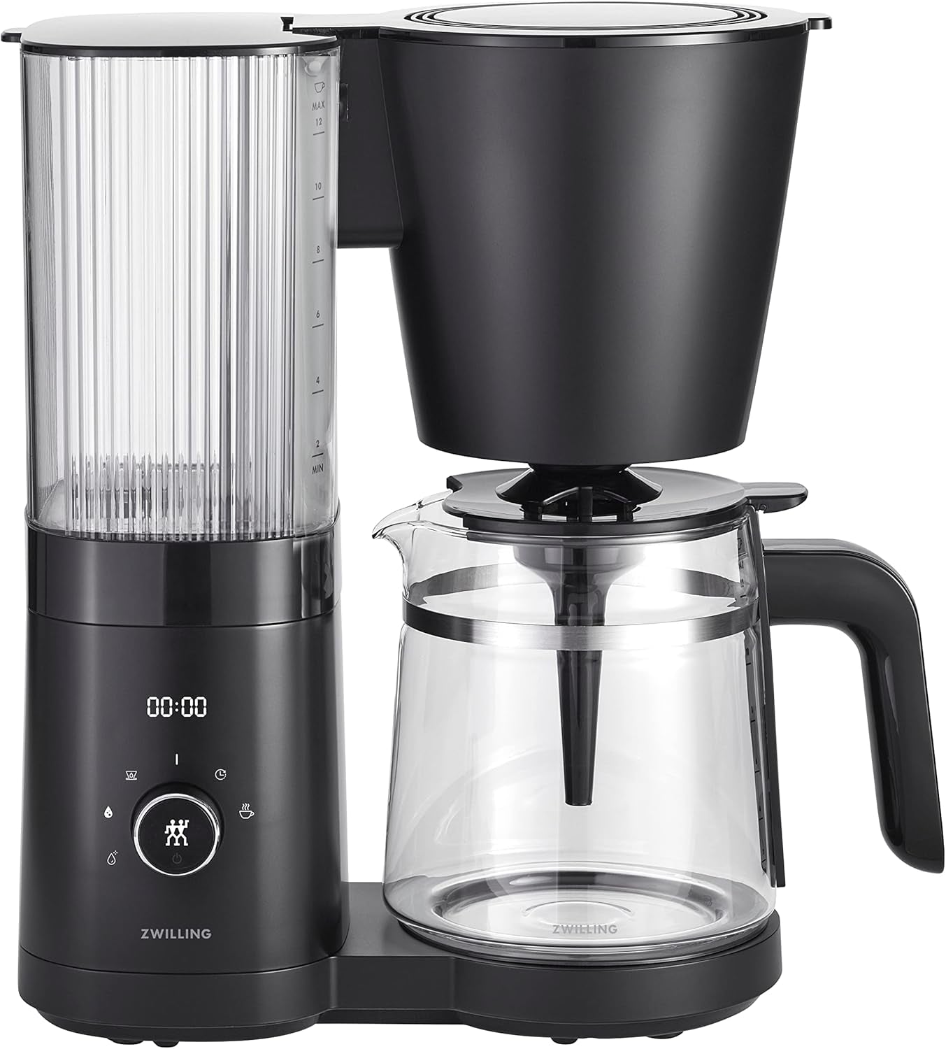 Espresso kávovar ZWILLING ENFINIGY s filtrem se skleněnou karafou o objemu 1,5 l, espresso kávovar s nerezovým bojlerem, funkcí kvetení a inteligentním odstraňováním vodního kamene, plast, stříbrná